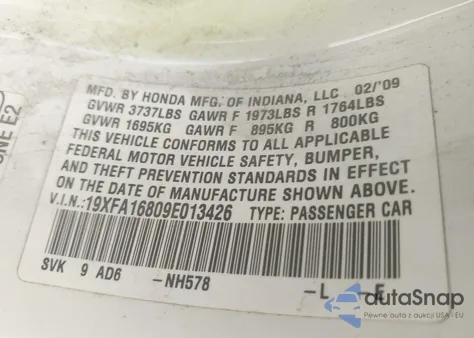 2009 Honda Civic Ex из США, поврежденный, VIN 19XFA16809E013426